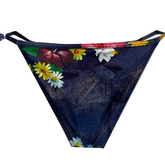 Vintage 90s Denim Floral High-Waist Bikini Set, String Halter Top Deadstock - Picture 2 of 5